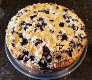 A blueberry crumb cake on a plate.