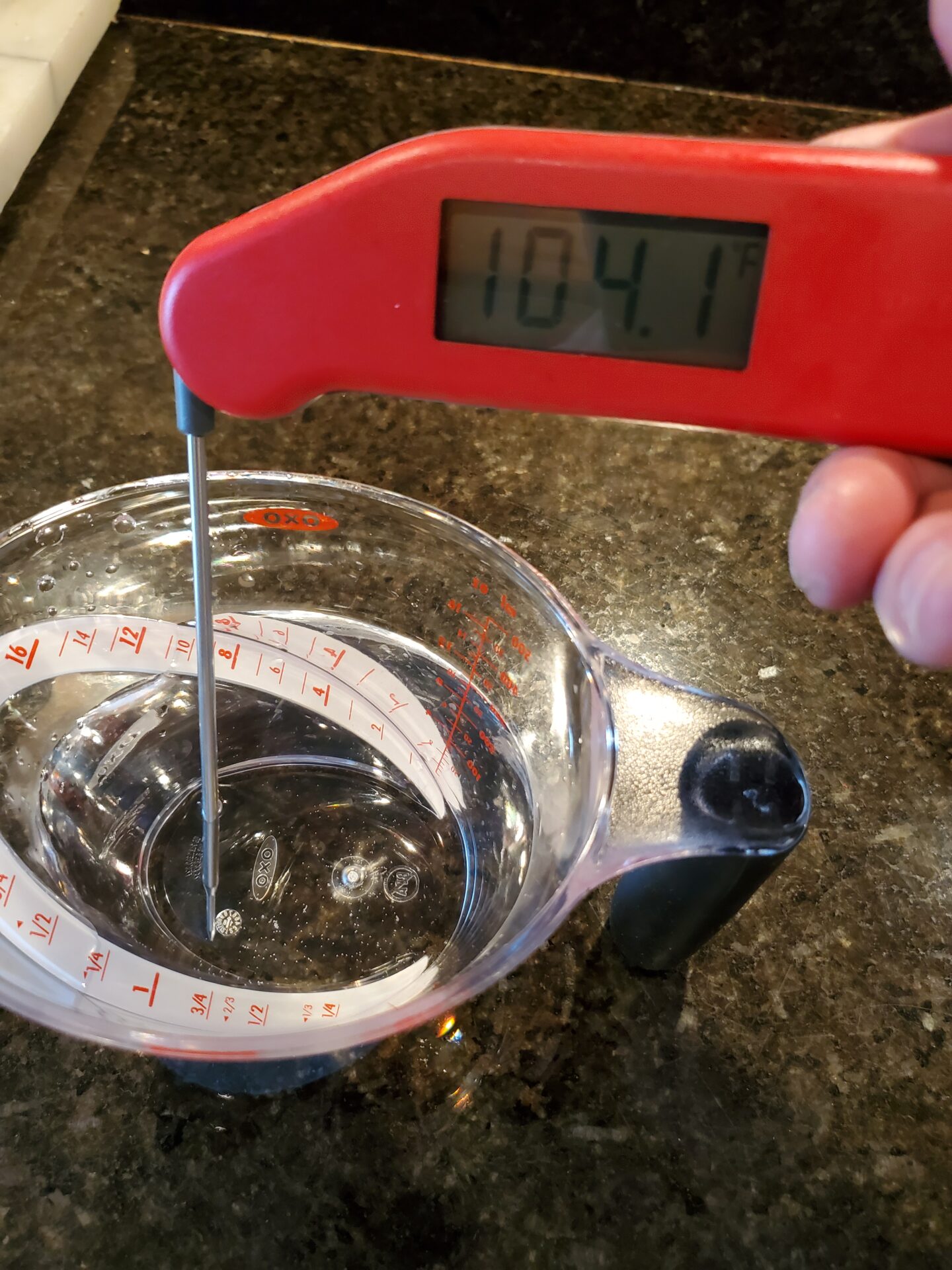 A person measuring water with a thermometer