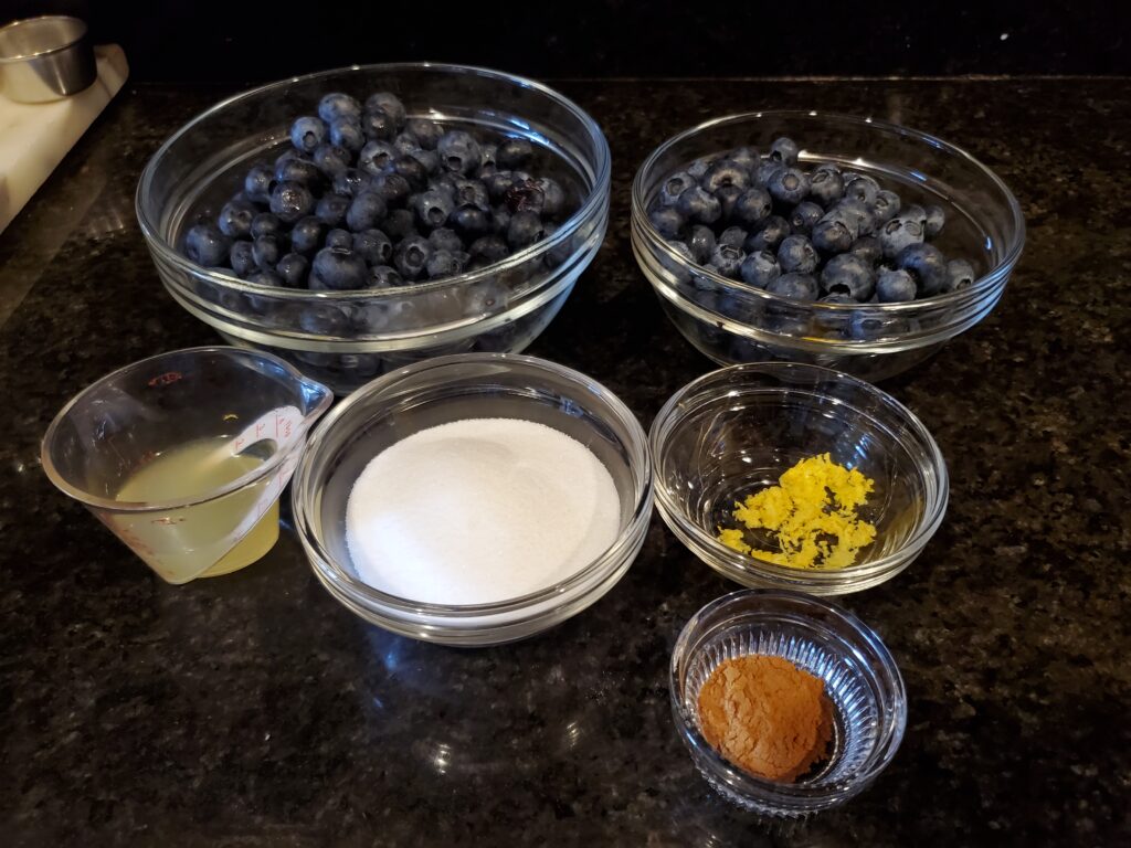 A counter top with bowls of blueberries and spices.