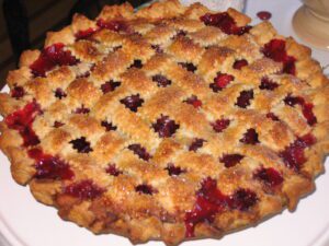 A cranberry pie on a white plate.