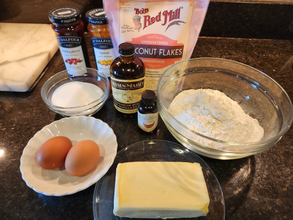 Ingredients for a cake on the counter.