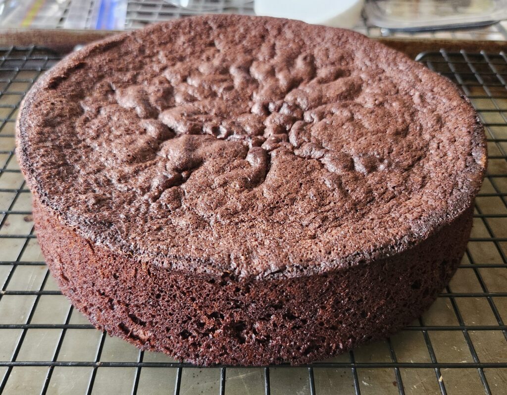 Chocolate cake layer on cooling rack.