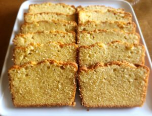 Lemon pound cake on a white plate.