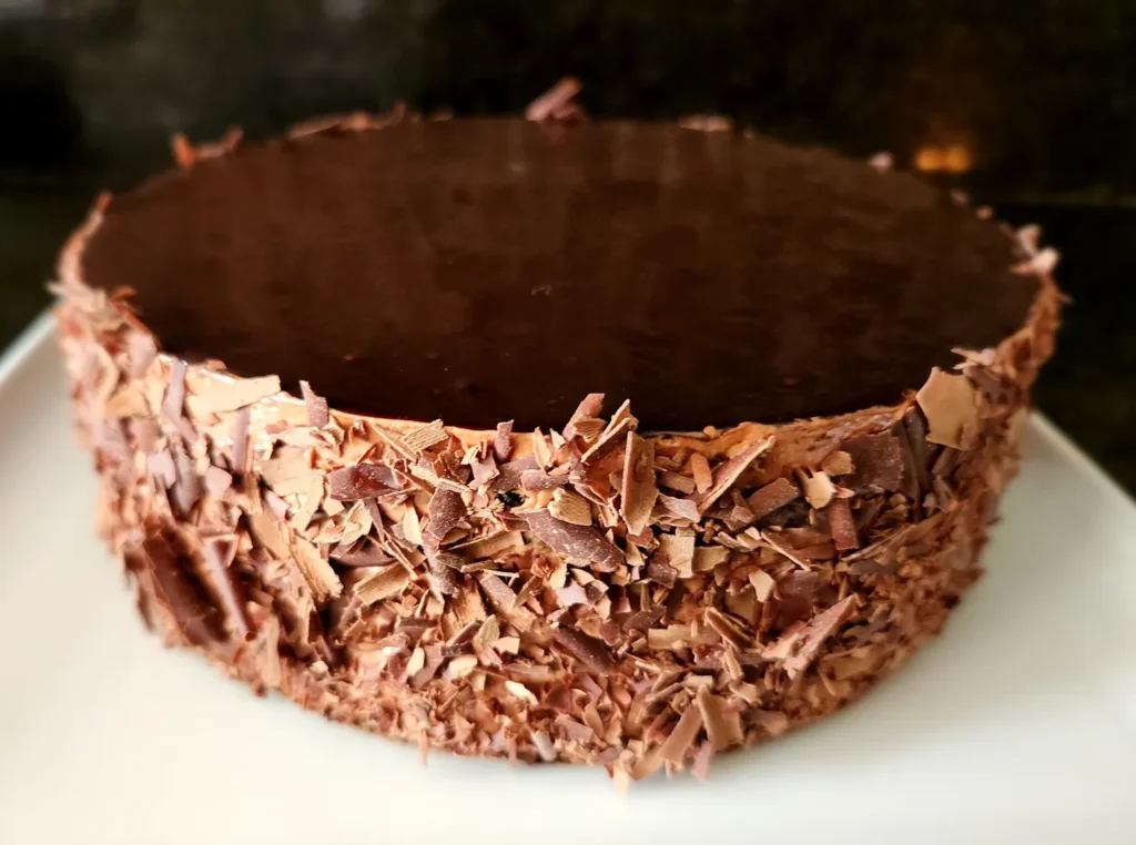 A chocolate cake is sitting on a white plate.