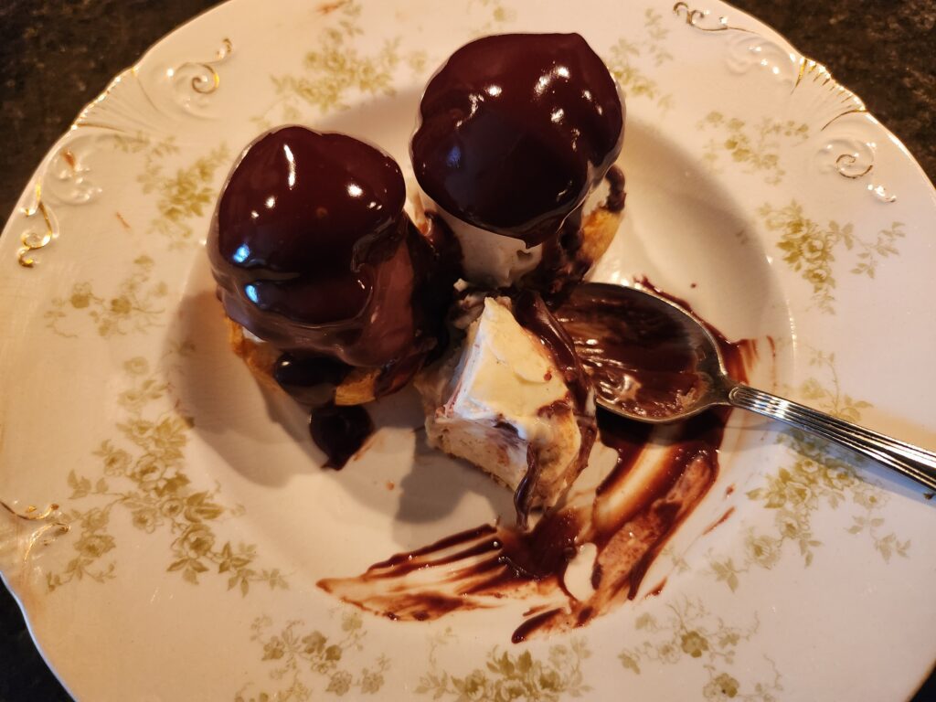 A plate with two chocolate covered cakes on it