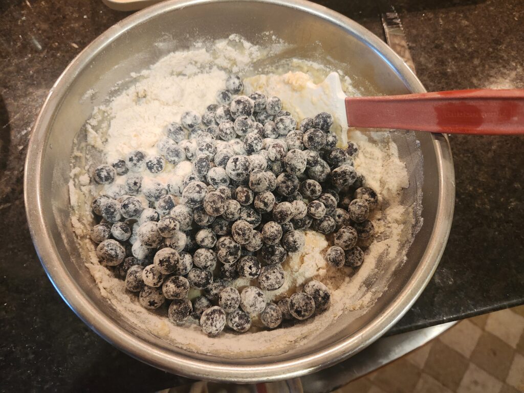 Mixing blueberries into batter in a metal bowl.