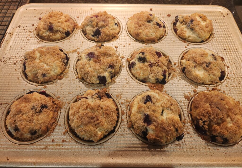 Freshly baked blueberry muffins cooling on a wire rack.
